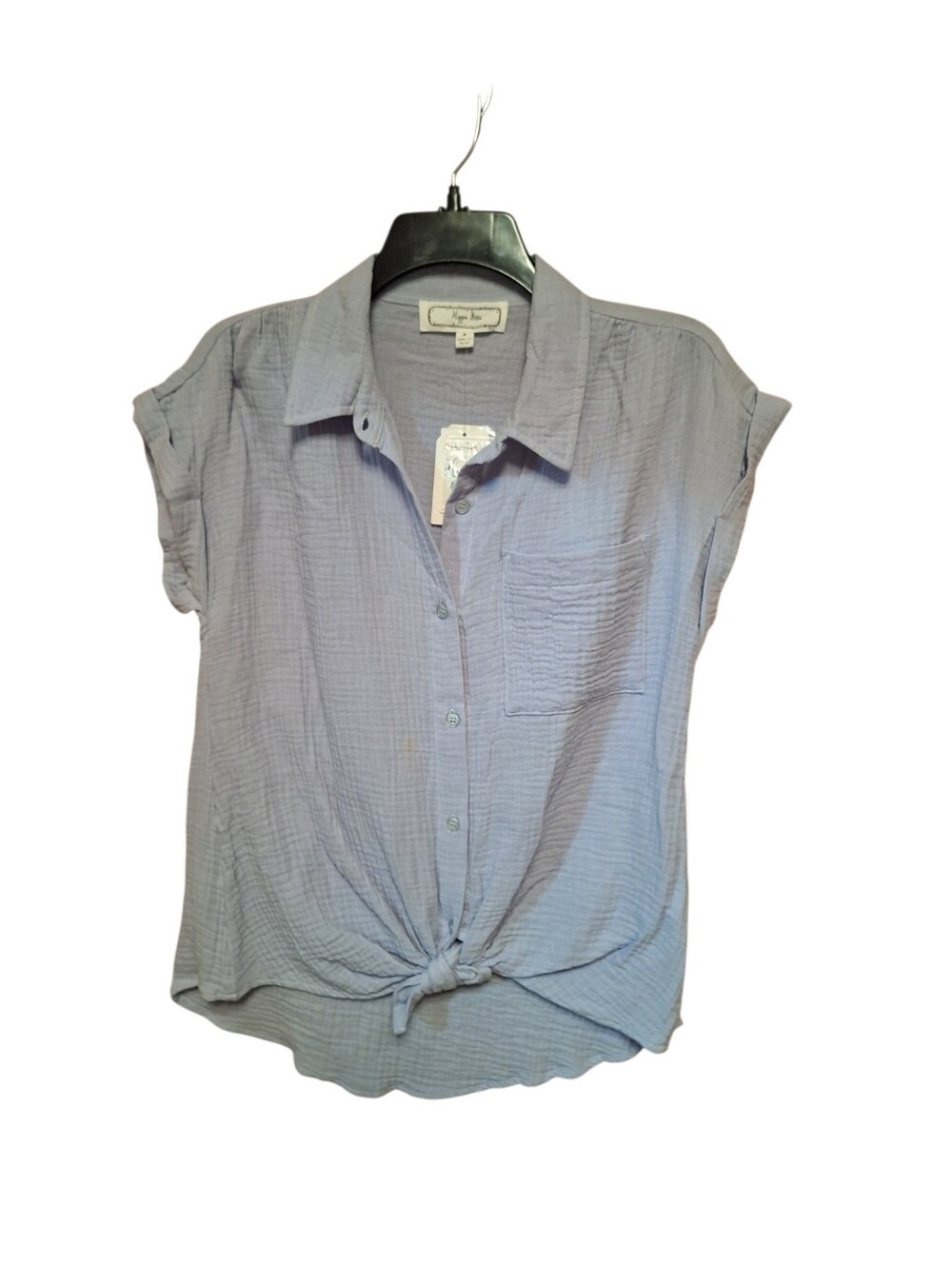 Hippie Rose Skylight Blue Gauze Button up Short Sleeved Blouse NWT 100% cotton